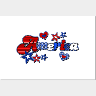 America, Red White and Blue, Stars and Hearts Posters and Art